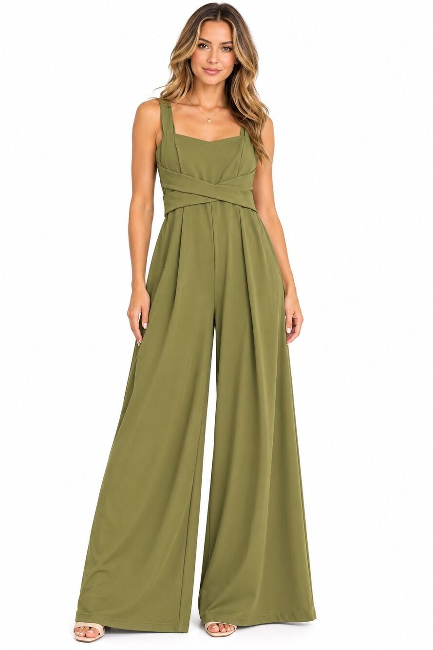 NWT Halara Dark Olive Green U Back Sleeveless Wide Leg Wrap Jumpsuit Size Small